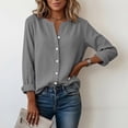 thumbnail image 6 of YanHoo Women's Cotton Linen Button Down Shirt V Neck Roll Up Long Sleeve Collared Blouse Loose Fit Casual Work Tops Gray,XL, 6 of 8
