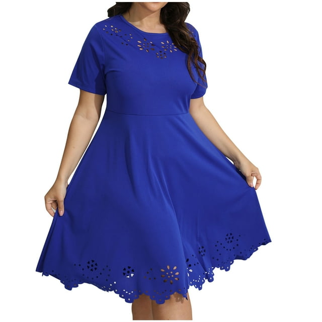 Birdeem Robes pour Femmes Robe Surdimensionnée Ajourée Col Rond Ceinture Manches Courtes Grande Jupe Couleur Unie