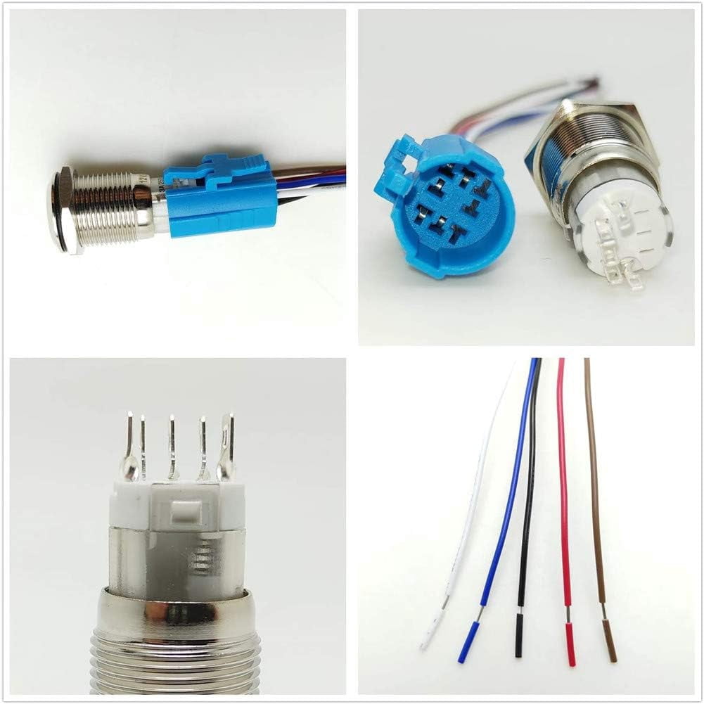 Push Button Switch 5-Pack 16mm Pigtail Connectors - 5-Pin 20AWG Wire ...