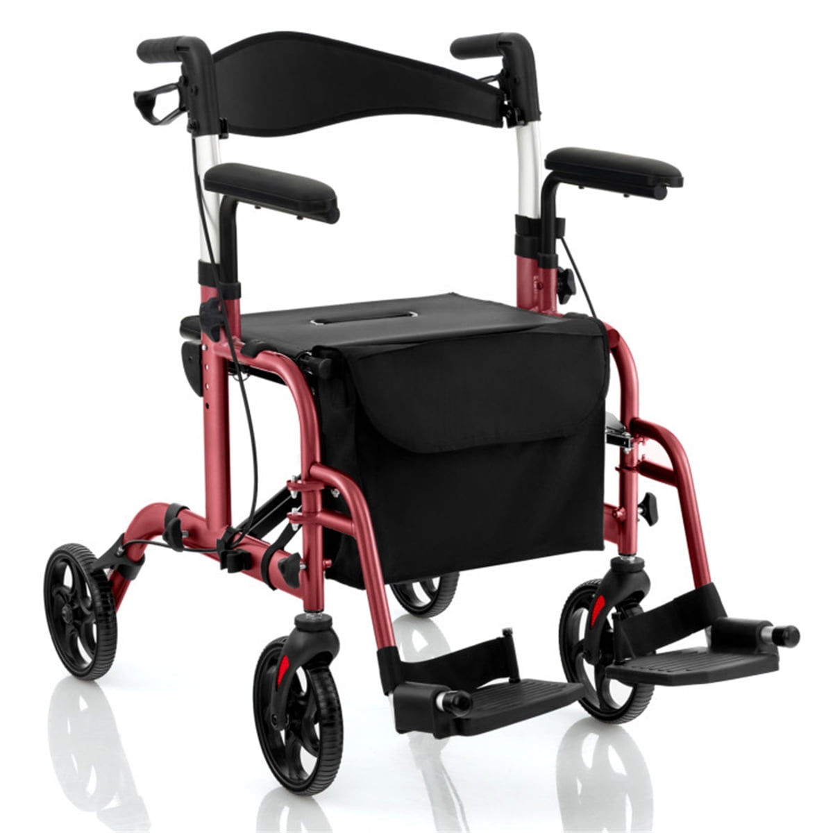 2-in-1 Rollator Walker and Wheelchair for Seniors, 300lbs Capacity with Seat & Backrest, Adjustable Handle, 1 Hand Fold, Padded Armrest, Storage Bag, Cane Holder for Elderly Mobility Aid, Red
