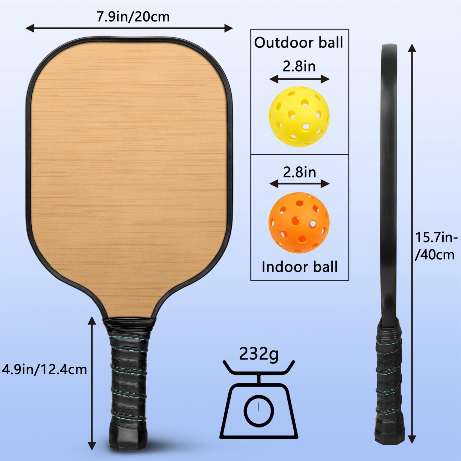 Pickleball Paddles Set Of 2, Fiberglass Surface, Wood Grain Print, 4 Balls & Bag