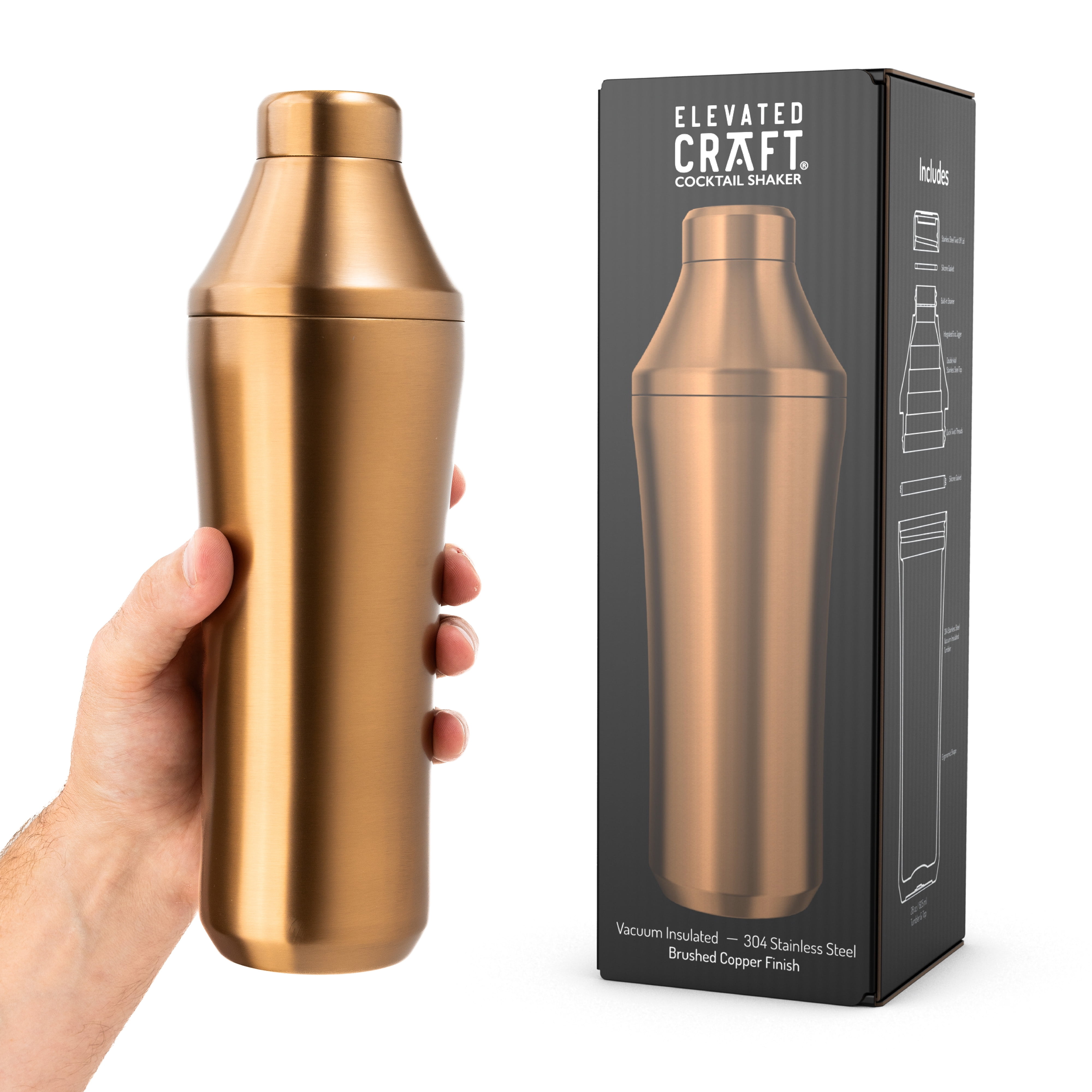 Elevated Craft Hybrid Cocktail Shaker - Premium Vacuum Insulated Stainless Steel Copper Cocktail Shaker - Innovative Measuring System - Martini Shaker for the Home Bartender - 28oz Total Volume