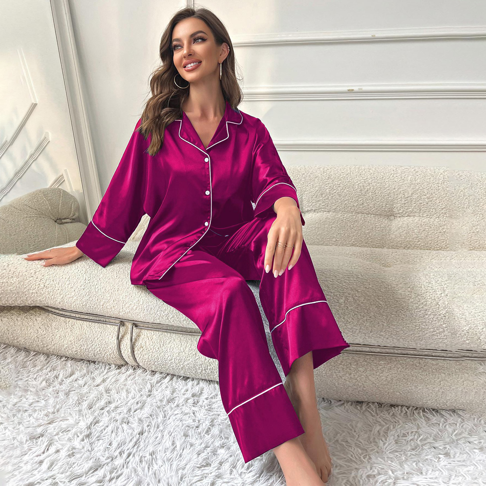 Tsv Silk Satin Pajamas Set Womens Classic Button Down Long Sleepwears Set Smlxlxxl 6898