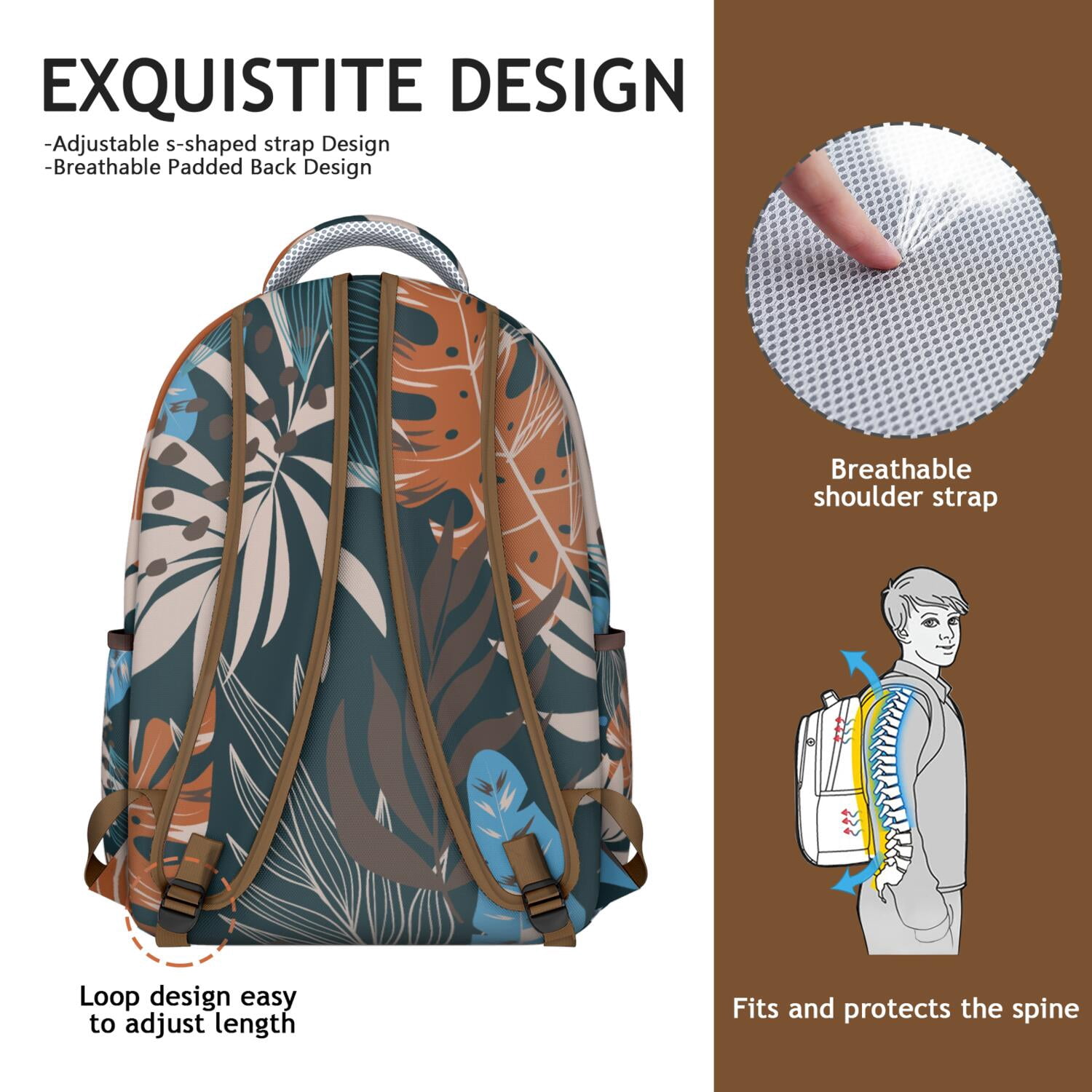 Botanical Jungle Leaves Waterproof School Backpack, Breathable Comfort & Spinal Support Design for Students