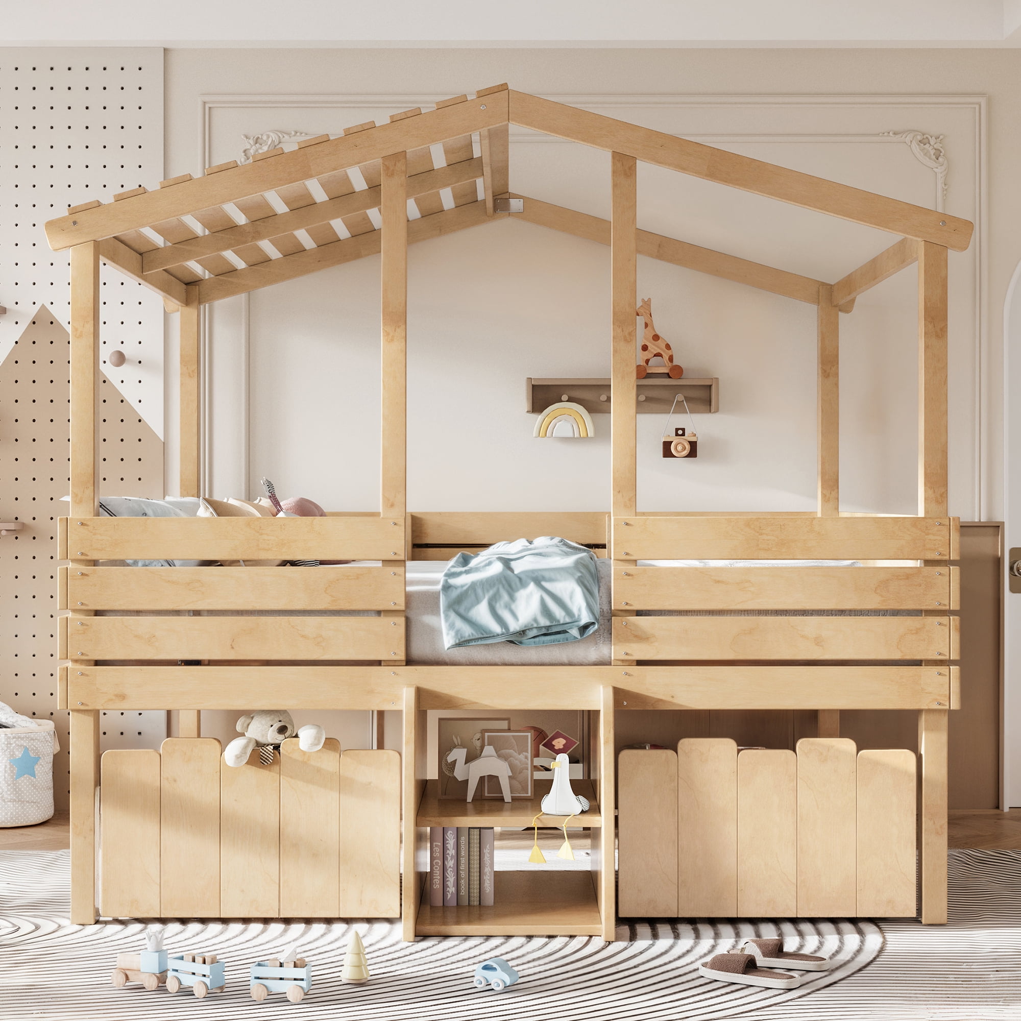 Leumius Full House Loft Bed with Cute Stairs and 2 Storage Drawers, Farmhouse Low Loft Bed with House Shaped Roof, Childlike and No Box Spring Needed Design Natural