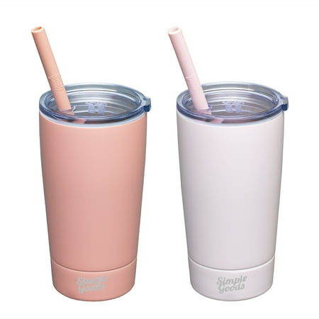 Simple Goods 2 Pack Kids Stainless Steel Sippy Cup Tumbler with Straw, Lid & Bag (Blush/Pink 2 Pack - Midi, 12 oz)