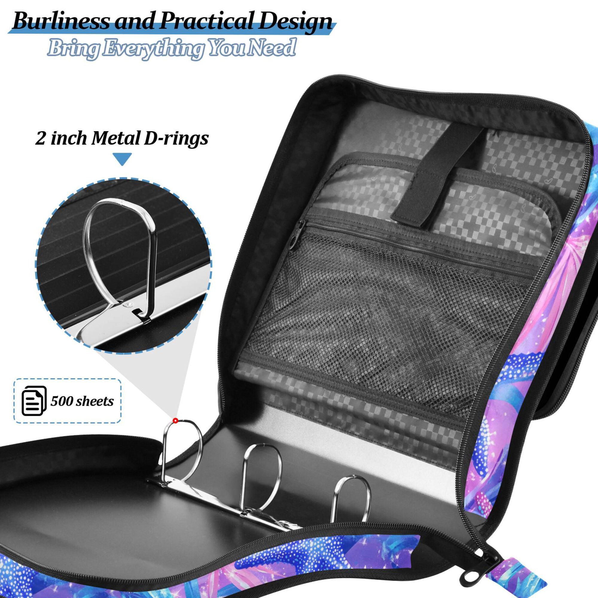 FORMRS Zipper Binder with Shoulder Strap 2-inch Ring 500 Sheet Capacity File Bag, Purple Starfish Pattern