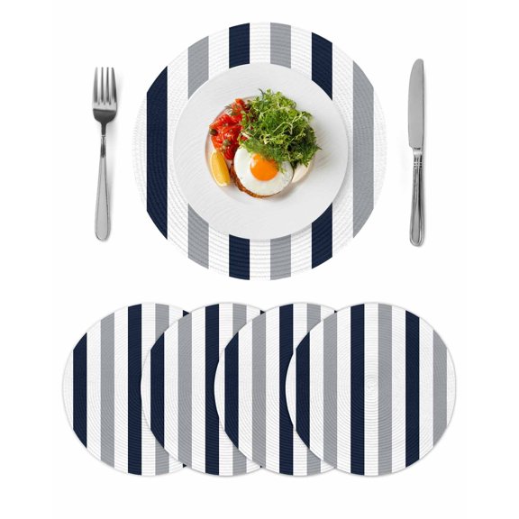 Navy Blue Gray Striped Round 15 Inch Placemats Set of 4, Farmhouse Stripe Art HeatResistant Non Slip Place Mats for Dining Table, Wipeable Braided Kitchen Table Mats for Housewarming