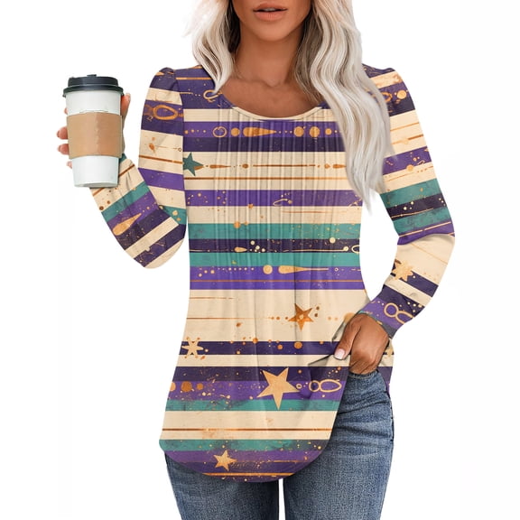 Mardi Gras Shirts for Women Carnival Mask Print Crew Neck Graphic Tee Sparkly Long Sleeve Novelty Blouse Complexion XL