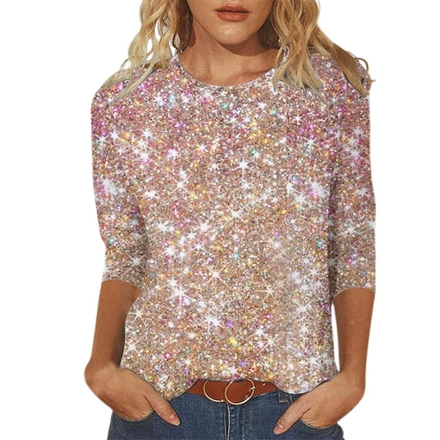 Xuewenshw T-Shirt Décontracté à Manches 3/4 Col Rond Imprimé Floral pour Femmes pour Usage Quotidien Manches Longues Ajusté