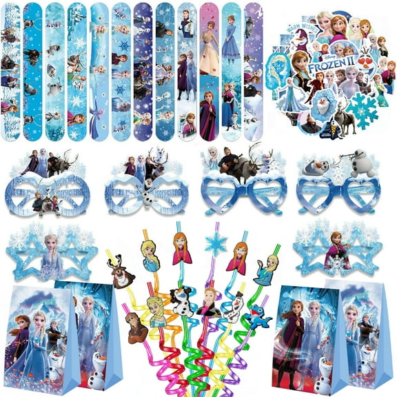 Frozen Party Supplies, Frozen Birthday Party Supplies Set Includes 12 Slap Bracelets, 12Straws, 12 Bags, 12 Glasses, 50 Stickers for Frozen Party Decoration