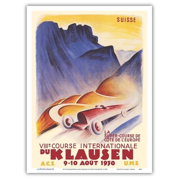 8th International Race Klausen Switzerland - Vintage Car Racing Poster by Ernst Ruprecht c.1930 - Master Art Print (Unframed) 9in x 12in
