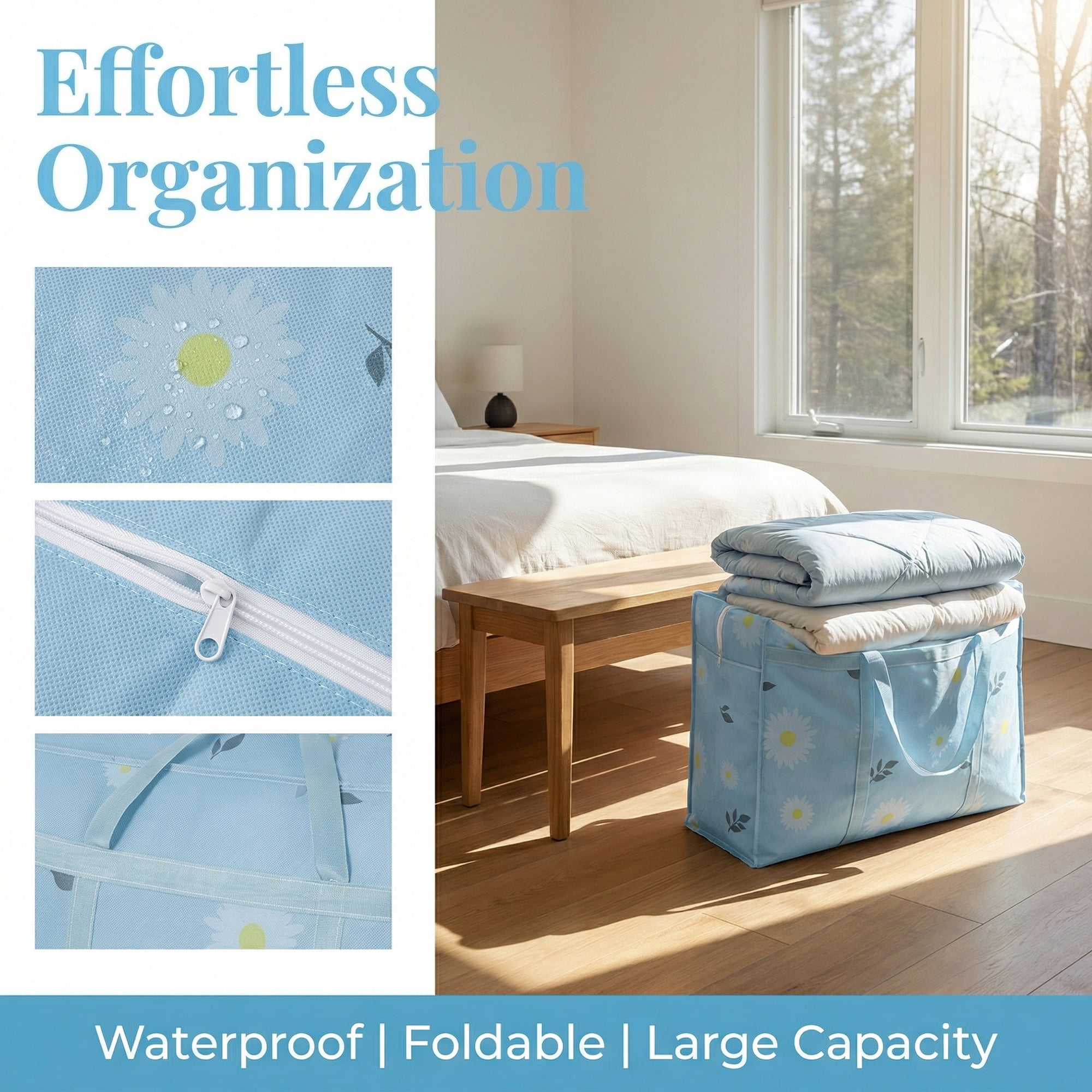 Unique Bargains Foldable Storage Bags for Organizing Livingroom Blue 26.4"x9.8"x19.7"