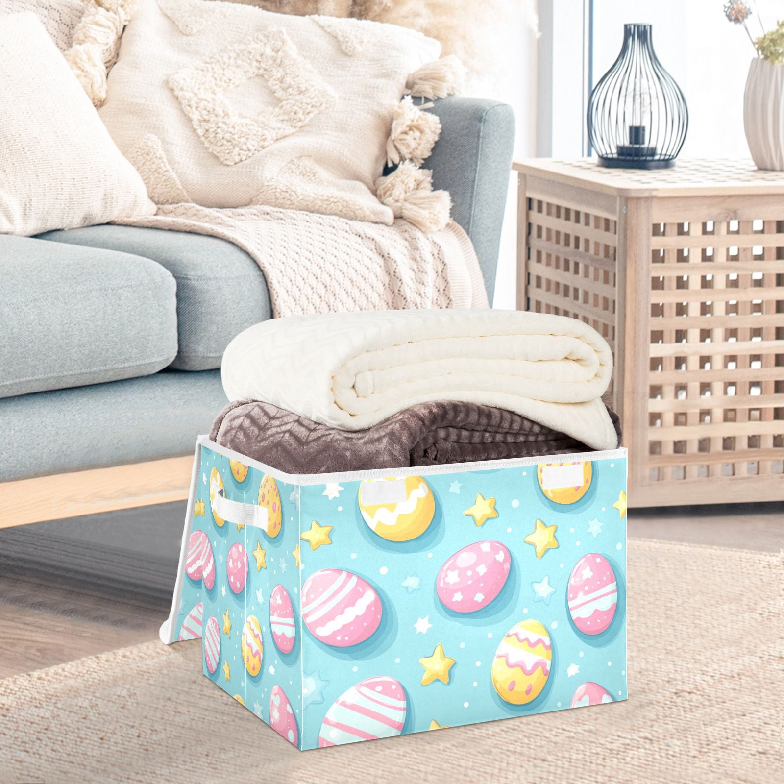 Easter Eggs in Blue Storage Basket for Shelves Foldable Container Organizer for Organizing Toys Clothes Books with Handles
