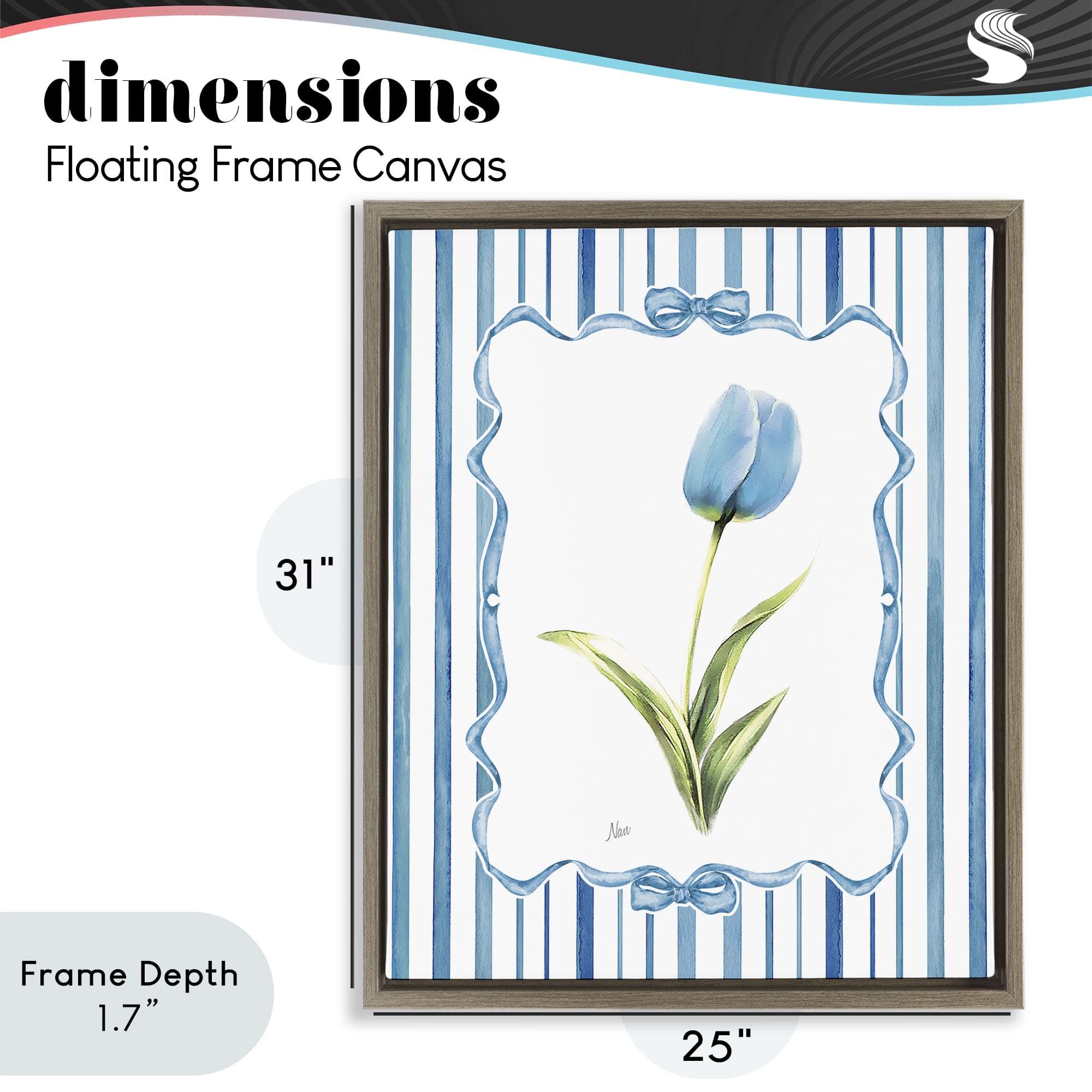 Stupell Industries Blue Tulip & Ribbon Border Brown Framed Floater Canvas Wall Art, design by Nan