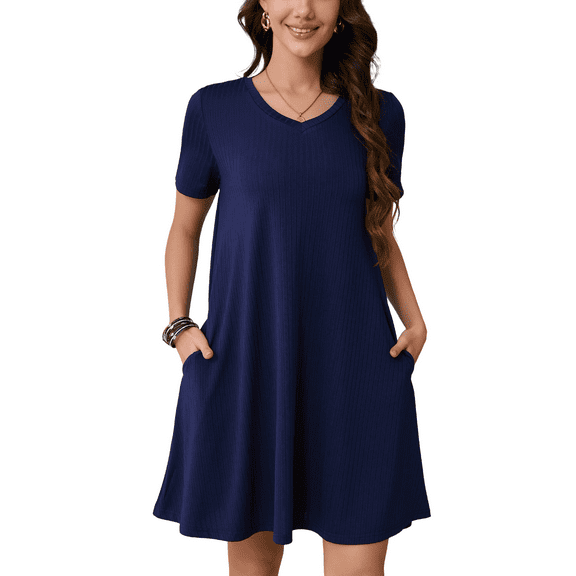 Anyshow Womens Summer Casual Tshirt Dress 2025 Short Sleeve Loose Swing Sundresses with Pockets