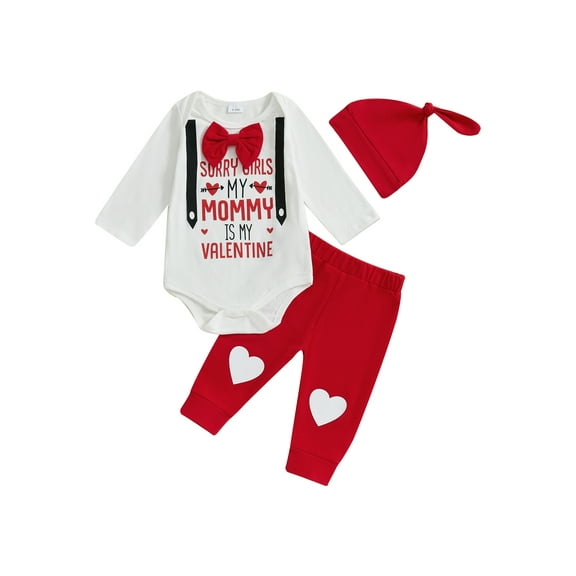 Baby Toddler Boy Valentine's Day Outfits 3 6 12 18 Months Letter Print Long Sleeve Romper with Heart Pants Hat 3 Pcs Clothing Set