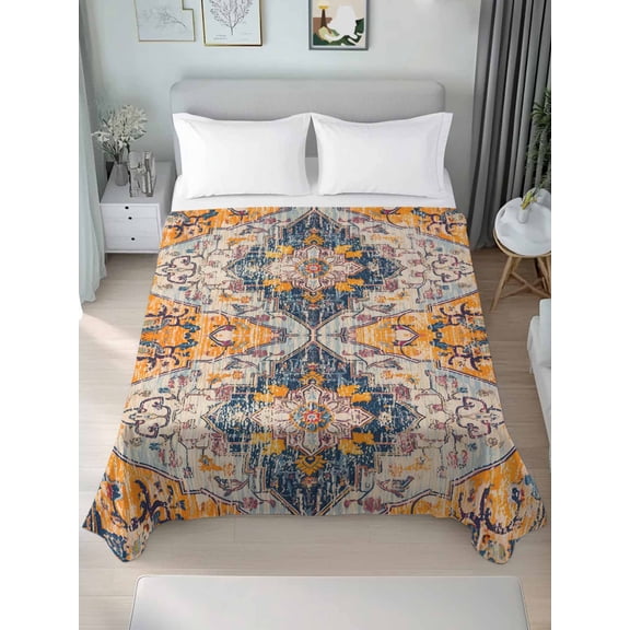 Boho Blue California King Size Flat Sheet, Wrinkleproof & Fadeproof Cooling Flat Bed Sheet Only, Ethnic Middle Century Geometric Abstract Art Breathable Soft Bedding Top Sheets 108 x 98 Inches