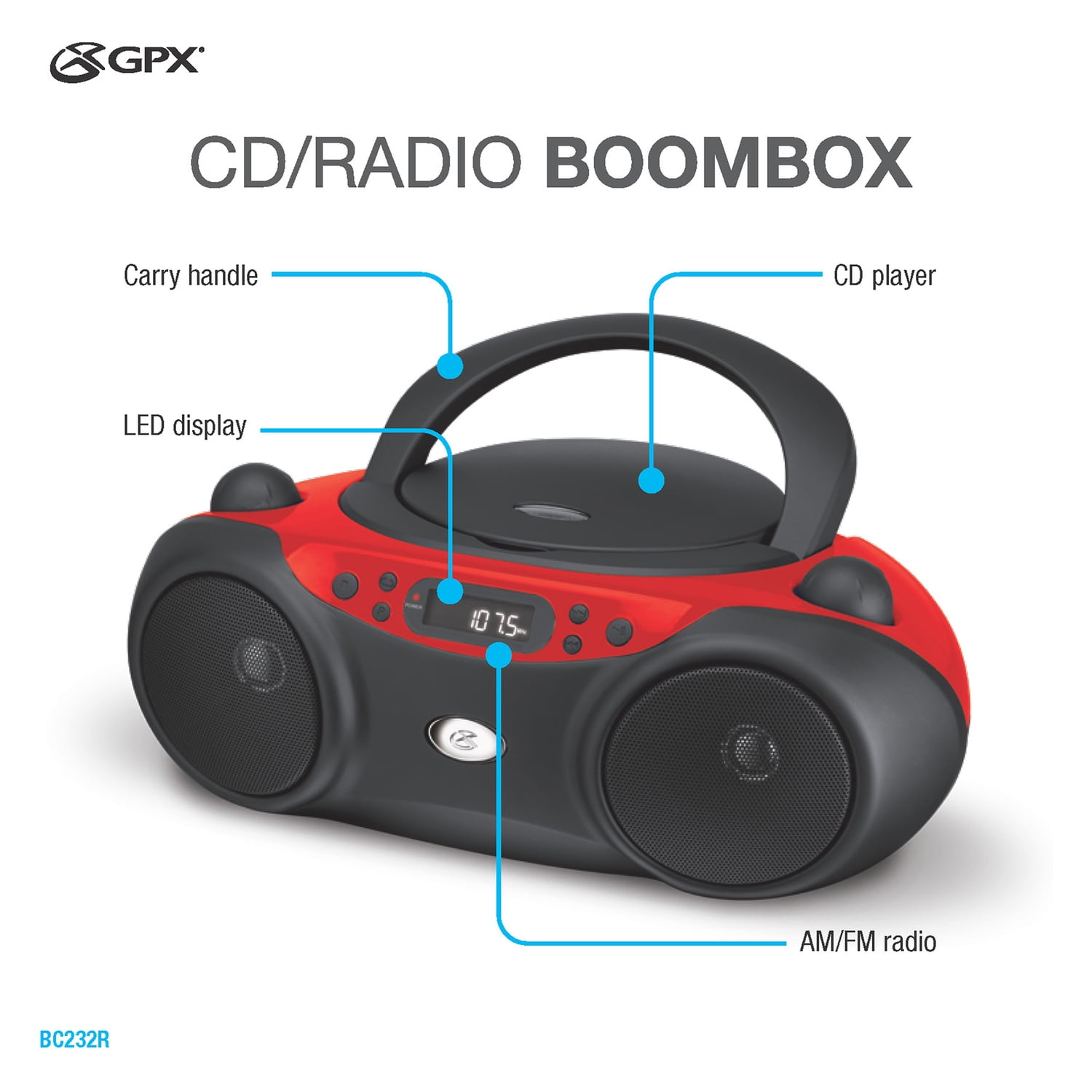 GPX Sporty CD/Radio Boom Box, Red and Black, BC232R