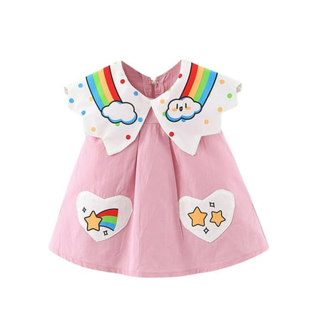 

Binpure Baby Girls A-line Dress Sleeveless Doll Collar Rainbow Cloud Print Heart Patchwork Dress for Casual Daily