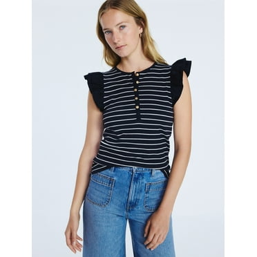 Free Assembly Women's and Women’s Plus Flutter Sleeve Henley Top, Sizes XS-4X