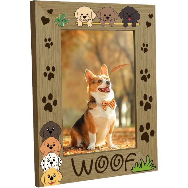 Marco de fotos de madera para perros, soporte para fotos de exhibición, 4 x 6, para montaje en pared, con estampado de huellas de patas, color marrón, soporte para póster, para galería de pared,