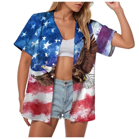 vigerkar American Flag Shirt for Women: 4th July Graphic T-Shirts Patriotic USA Flag Star Stripes Tees Hawaiian Button Down Tops (Watermelon Red, S)