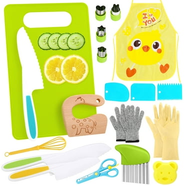 sixwipe 21 Pcs Kids Safe Knife Set for Real Cooking, Toddler Knives Sets with Apron Cutting Board Crinkle Cutters, Kitchen Tool Toy for 3-10 Girl Boy Gifts