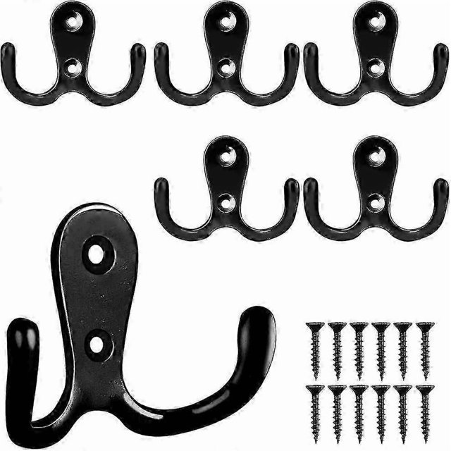 Pack Of 6 Coat Hooks, Wardrobe Hooks, Double Wall Hooks, Retro Hooks, Wall Metal, Black Gift