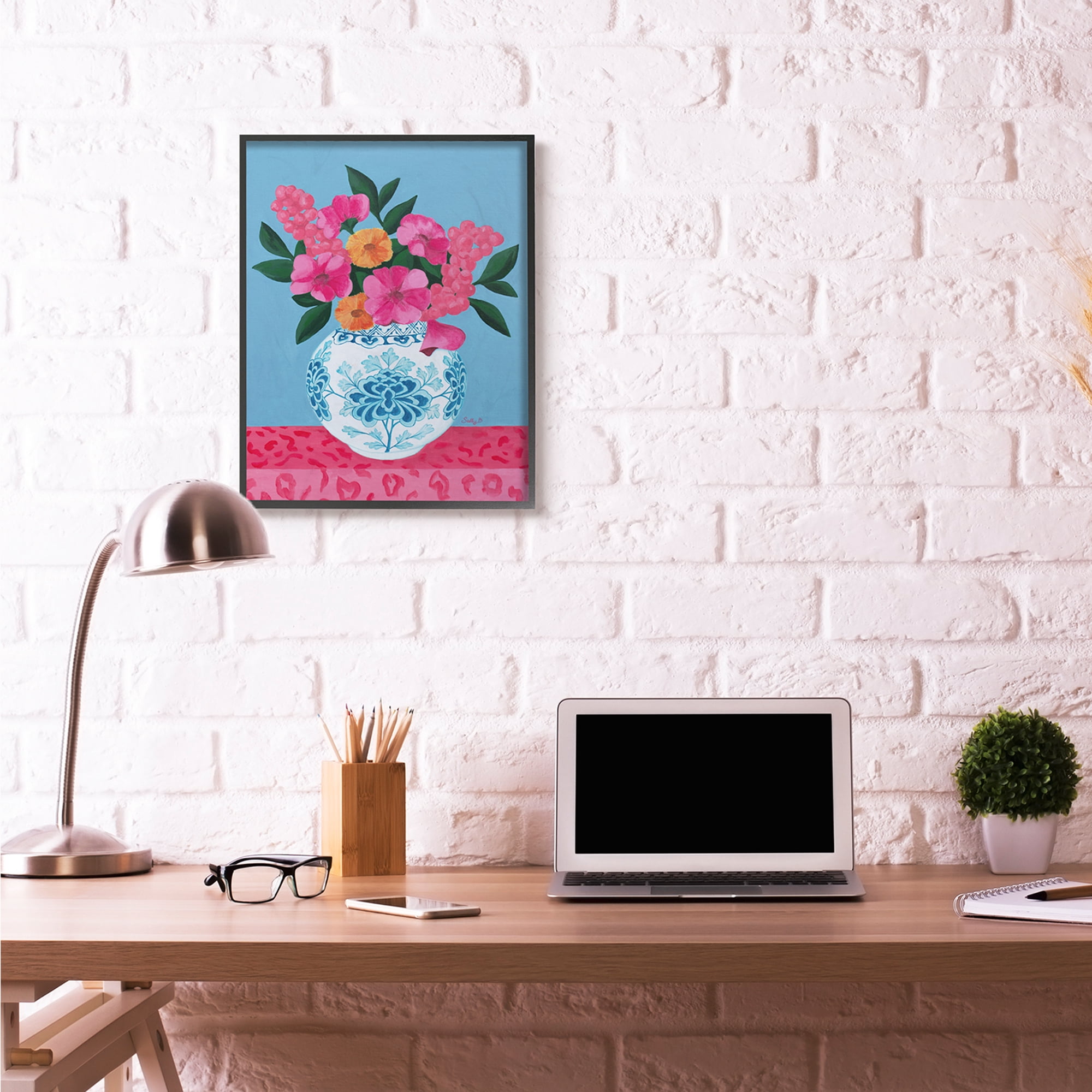 Stupell Industries Flower Vase Pink Blue Painting Black Framed Art Print Wall Art, 24x30, by Sally B