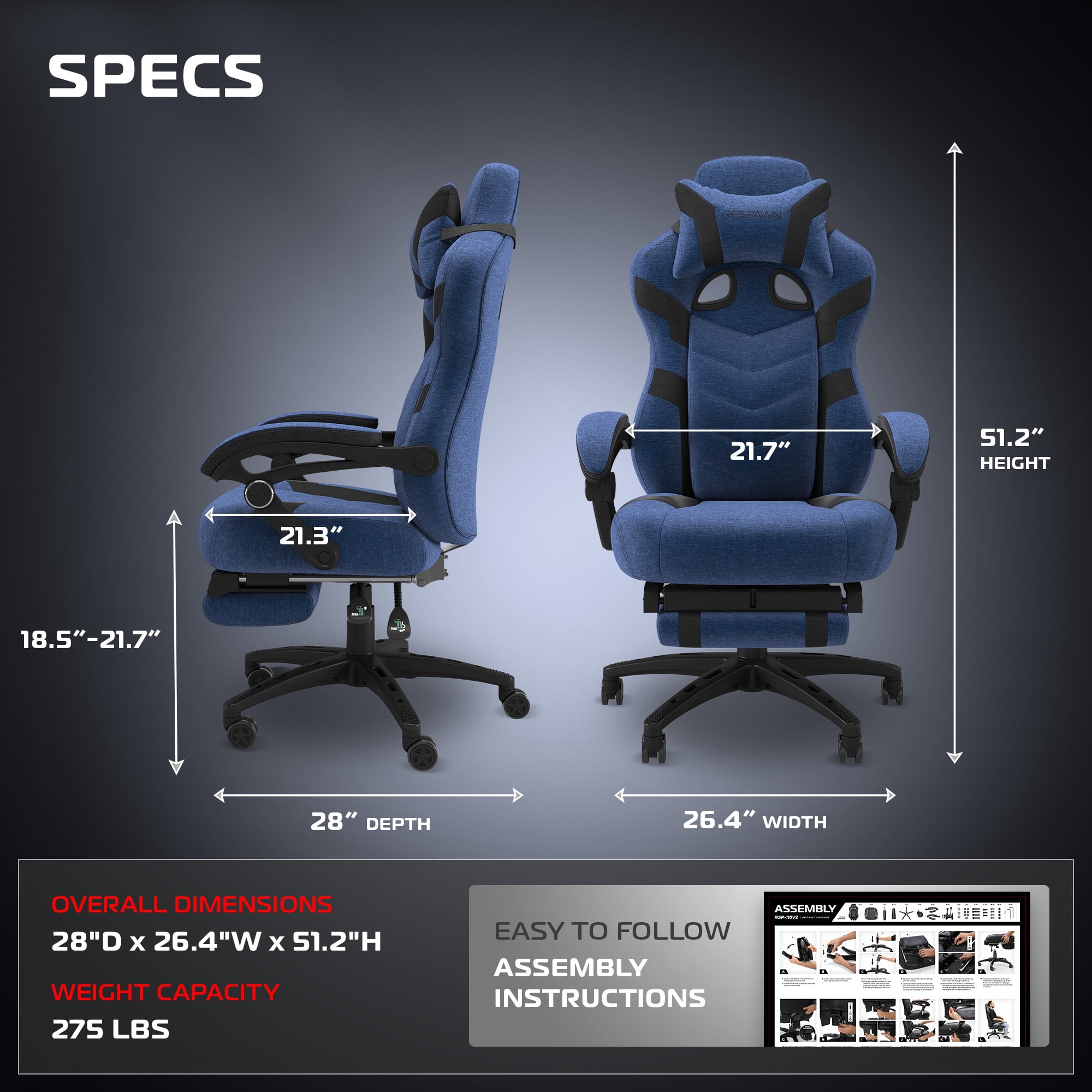 RESPAWN 110 Pro Ergonomic Gaming Chair with Footrest for Adults - Comfortable Office Gaming Recliner with Lumbar Support and Headrest, Racing Style Video Game Chairs for Computer Gamer - Blue Fabric