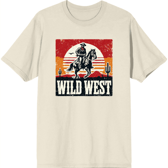 Wild West Cowboy Sunset Ride Adult Natural Crew Neck Short Sleeve Tee-Medium