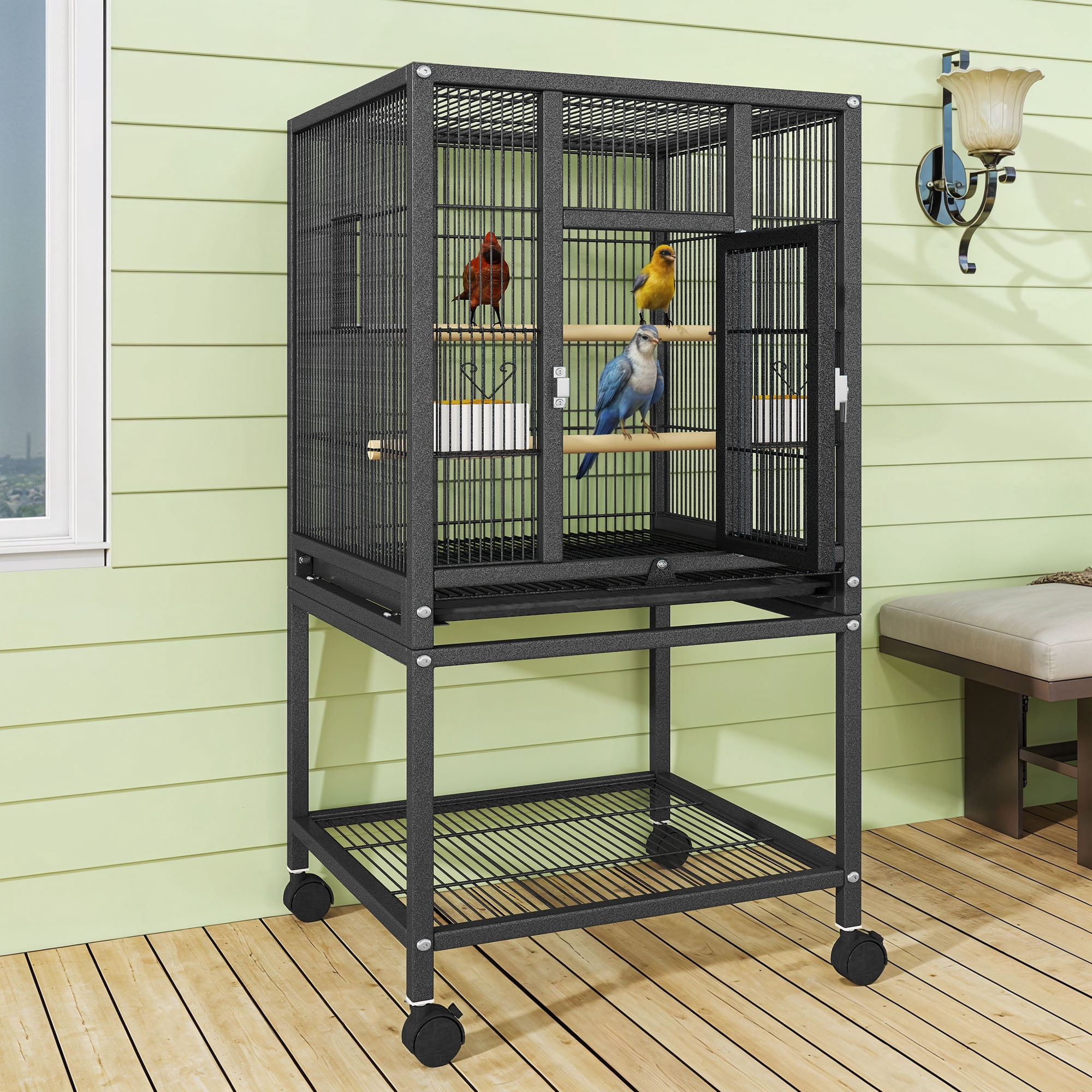 Dextrus 41" Metal Birdcage with Perches and Feeders,Large Parrot Cages with Rolling Stand and Tray,4 smooth-rolling wheels,Black