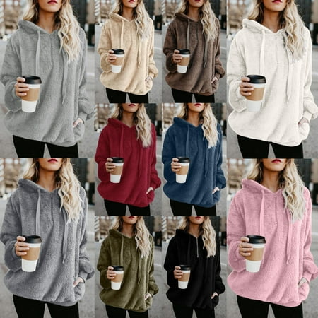 Fashion Women Oversized Warm Fluffy Hoodies Fleeces Solid Color Long ...