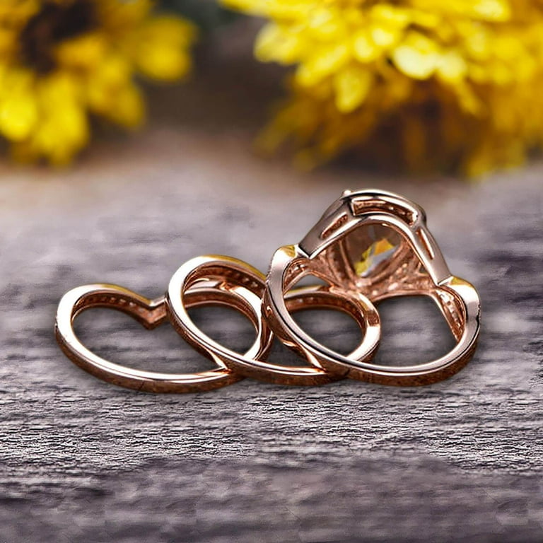 Milgrain 10k Rose Gold 3 Carat Morganite Engagement Ring Trio Set