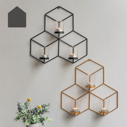 3D Metal Tea Light Candle Holder Geometric Round Candlestick Wall Home Mounted 