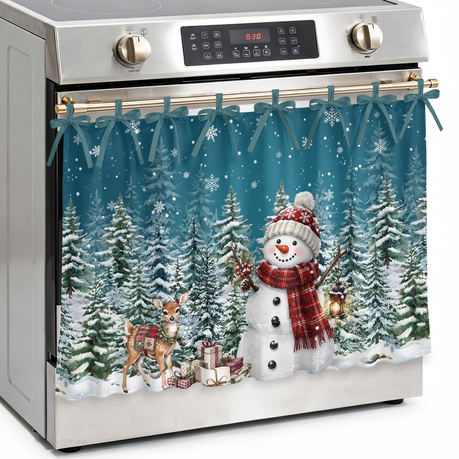 Teal Snowman Christmas Oven Skirt Curtain Kitchen Stove Skirt Cover with Tie Top Xmas Tree Elk Gifts Snowflake Decorative Cabinet Cover Dishwasher Curtain for Farmhouse Decor 30x21.5 Inch