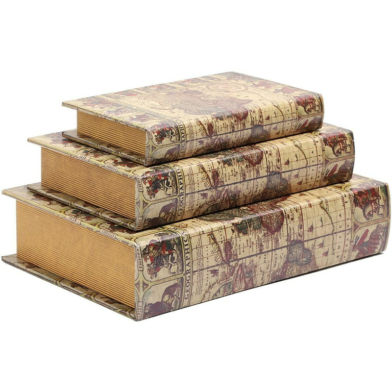 3 Piece Decorative Storage Book Boxes Set, Trinket Book Safe, Antique Map  Design - 8, 10, 12 inches 