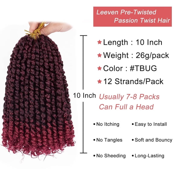 WEIF-Ombre Burgundy 10 Inch Pretwisted Passion Twist Crochet Hair 8 Packs Pre Looped Red Short Bob Curly Ends Bohemian Braids Synthetic Hair Extensions for Black Women 12 Strands/Pack #TBUG