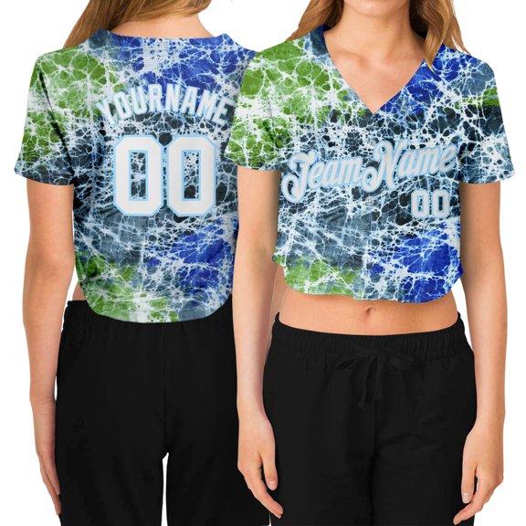 Custom Women's Tie Dye White-Light Blue Abstract Art 3D V-Neck Cropped Baseball Jersey - H