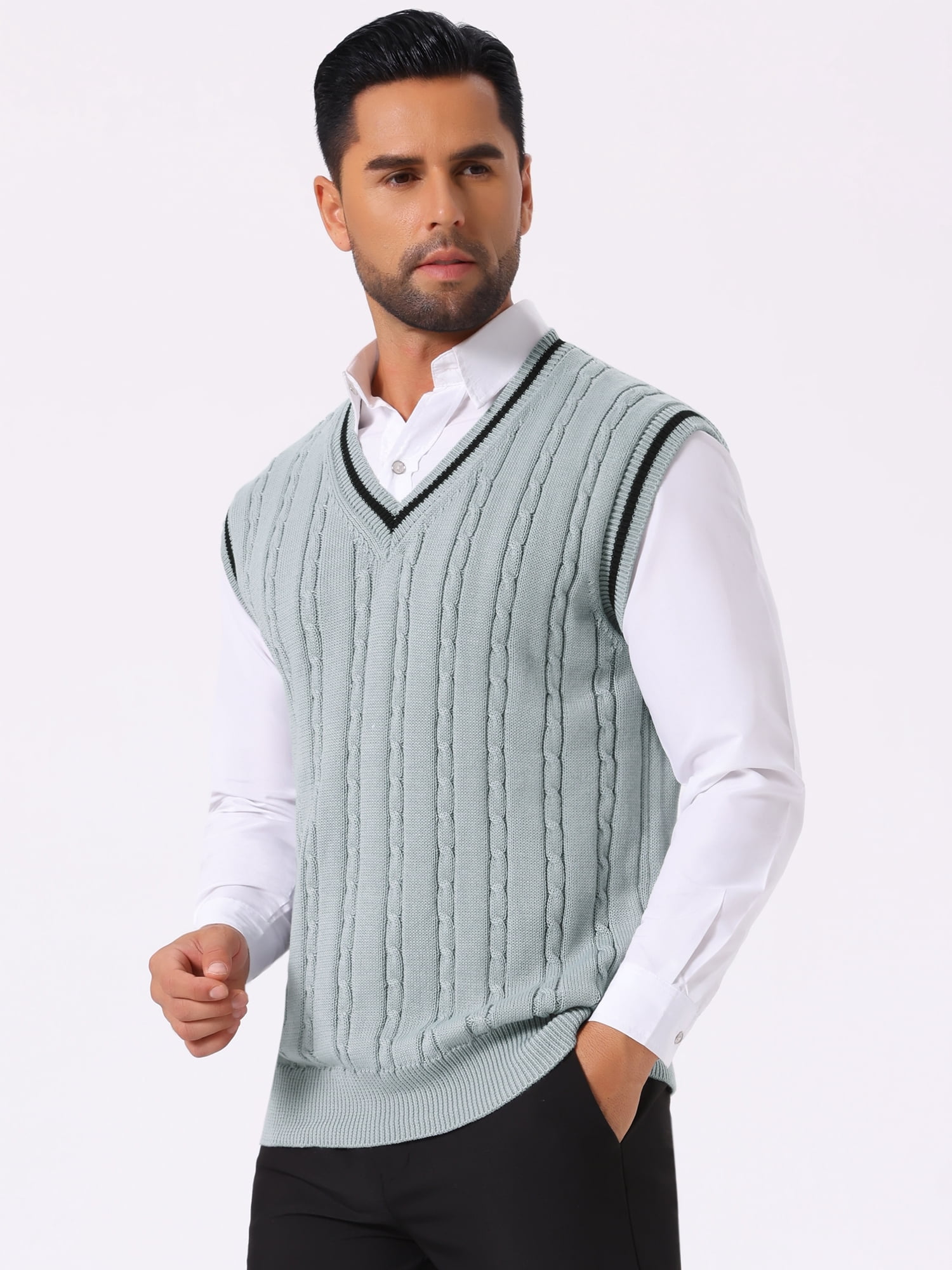 DARING DIVA Men's Solid Color V-Neck Sleeveless Cable Knitted Sweater Vest XL Light Gray