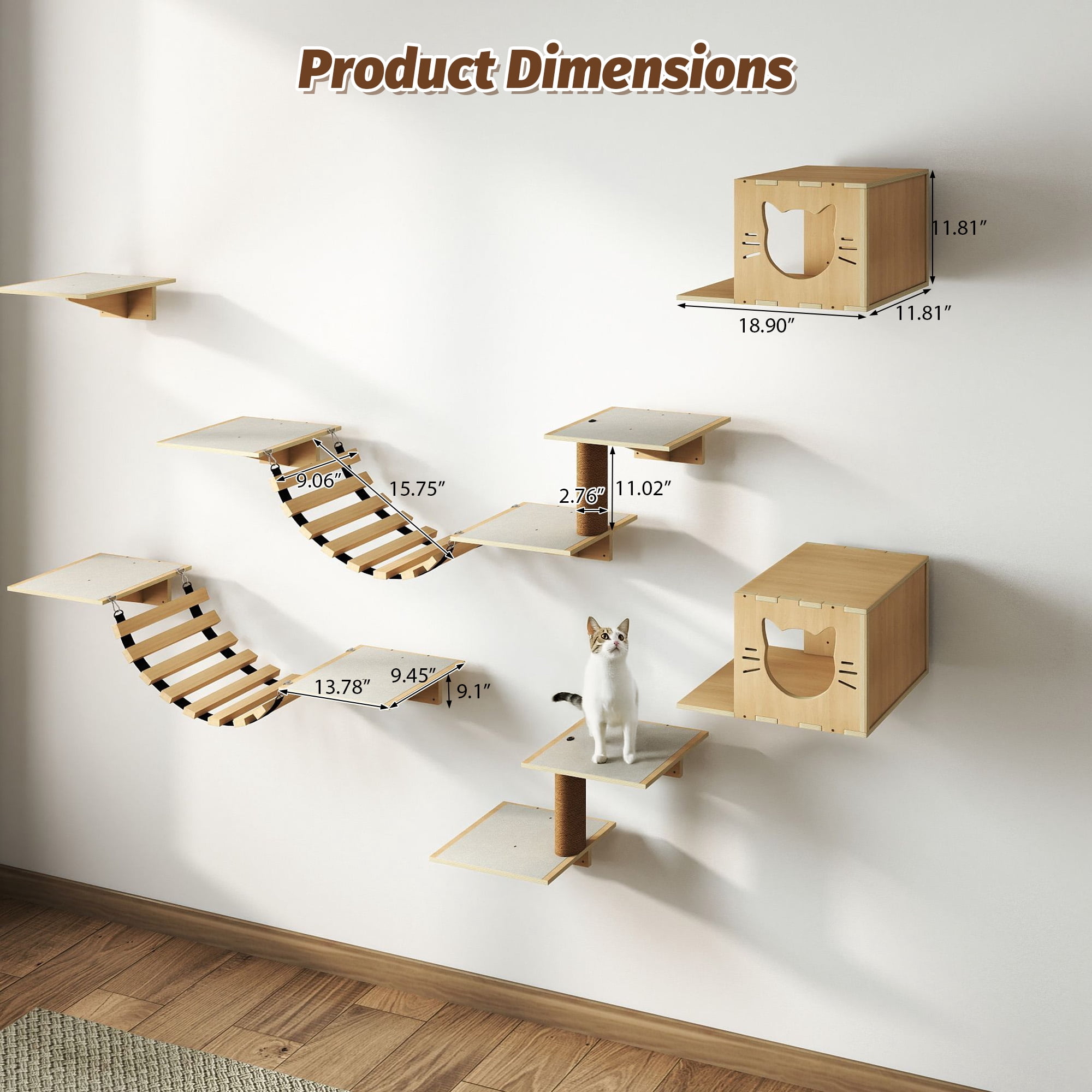 8-in-1 Wall Mounted Cat Shelves Set, Wall Cat Furniture with Scratching Post, Bridge, Condos & Perches for Small/Medium Cats