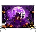 thumbnail image 4 of 4 x 4 ft Halloween Backdrop Purple Night Moon Bat Castle Background Devil Pumpkin Lantern Scary Spooky Haunted House Cemetery Spider Web Kids Child Hallowmas Party Decorations Photoshoot Backdrops, 4 of 5