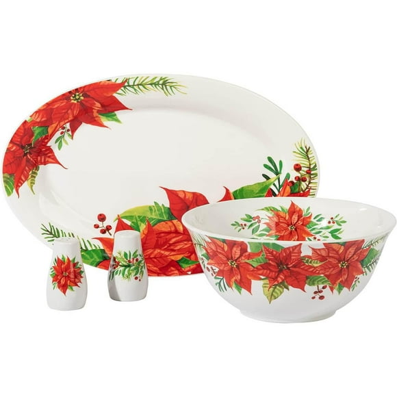 Gibson Home Magic Poinsettia 4 Piece Serving & Accessories Set, Fine Ceramic