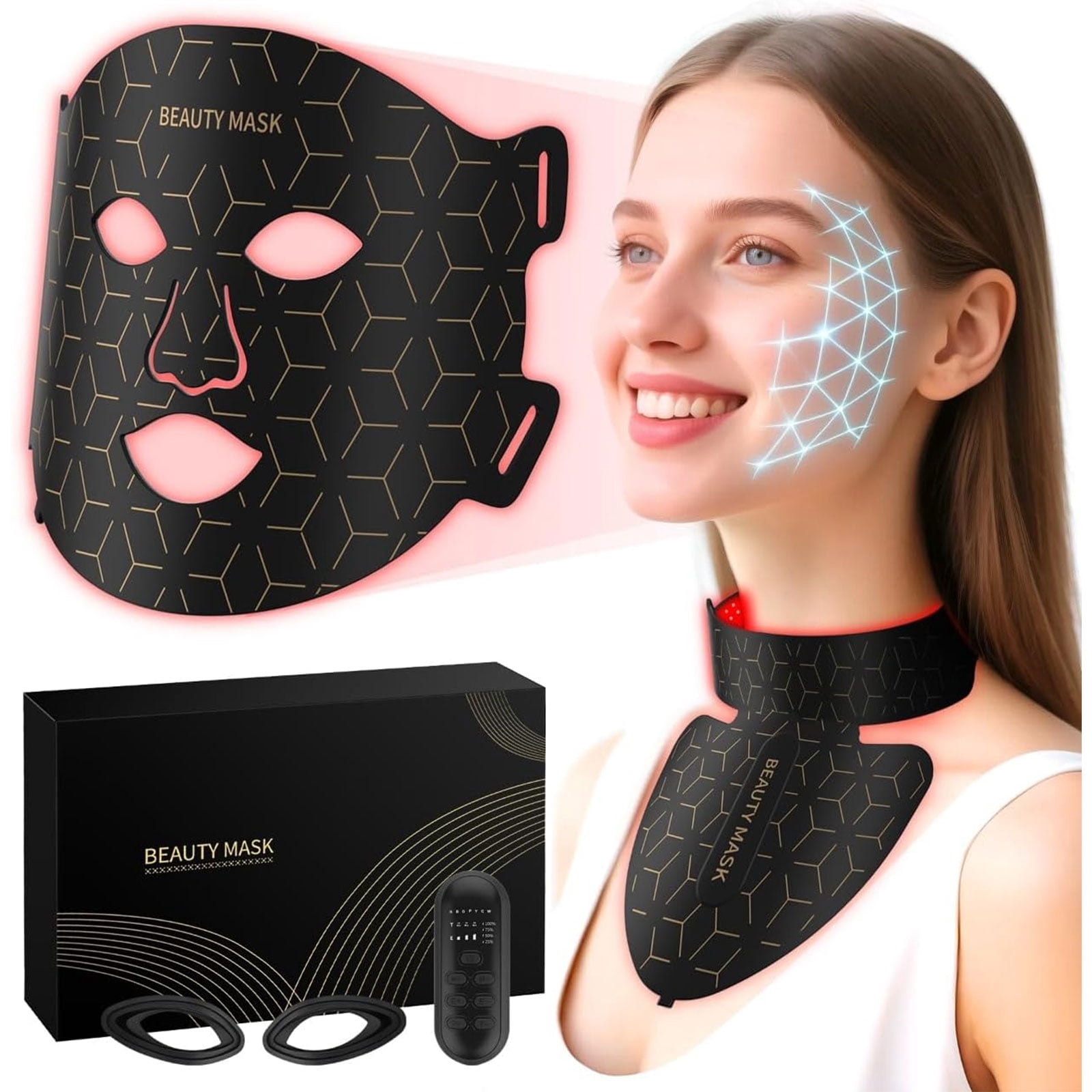 Red Light Therapy for Face and Neck Mask with 850nm NIR, 7 Colors LED Face Mask Light Therapy, Rechargeable Infrared Light Therapy Device for Anti-Aging at Home White