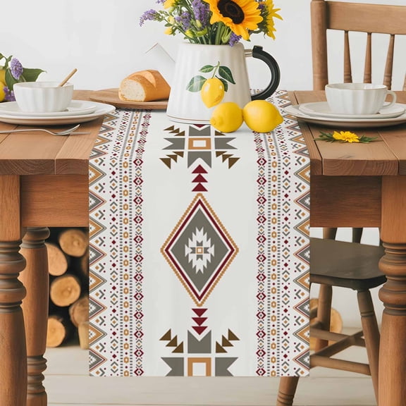 Kitchen Table Runner 36 Inches Long, Vintage Abstract Ethnic Art Cotton Linen Table Runners for Dining Tables Home Holiday Party Wedding, Southwest Tribal Abstract Geometric Tabletop Scarf