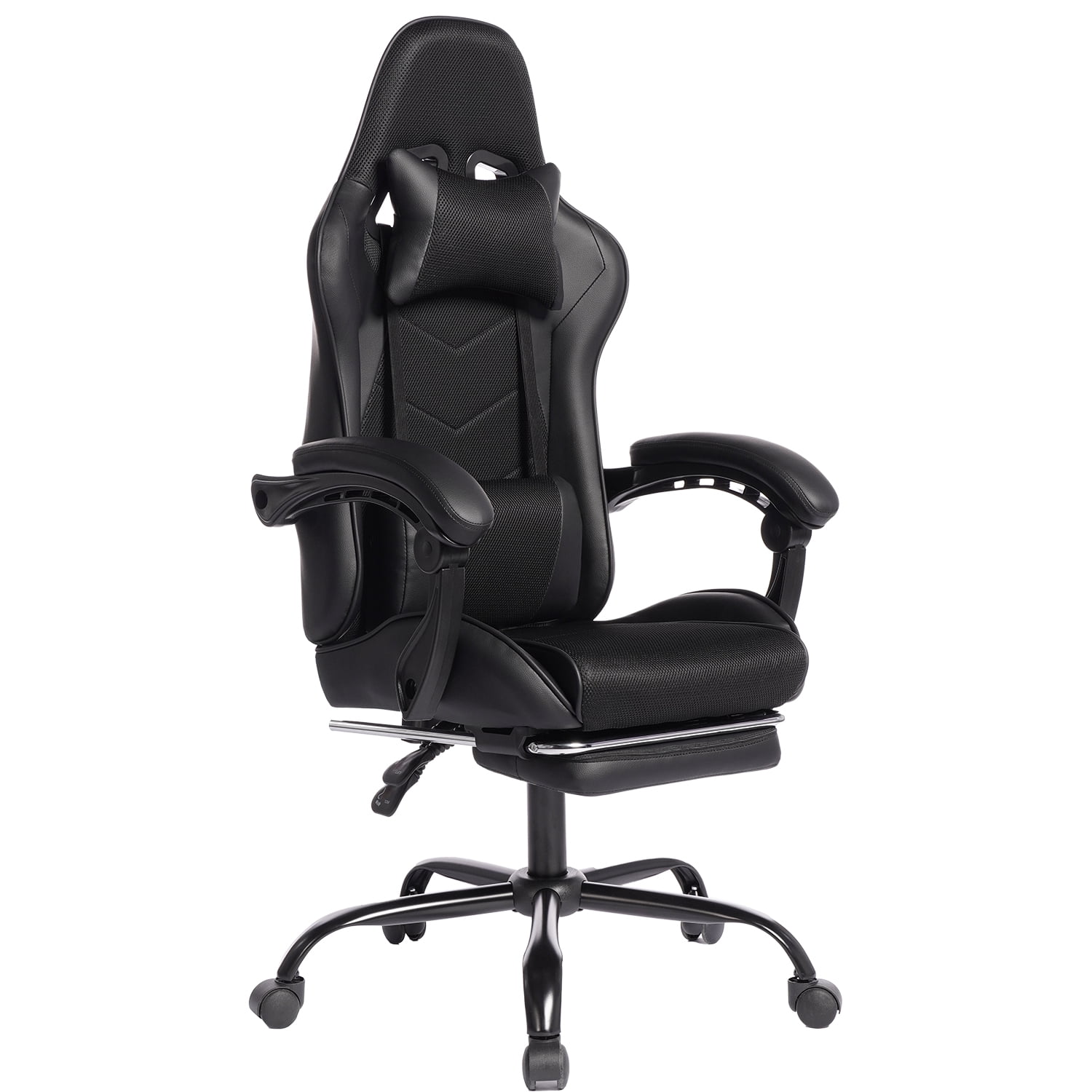 Gaming Chair, E-Sports Racing Chair, Ergonomic Computer Seat with Footrest and Massage, PU Bonded Leather, Moulded Sponge, 135-Degree Recline, 360-Degree Swivel for Office Gaming, Black