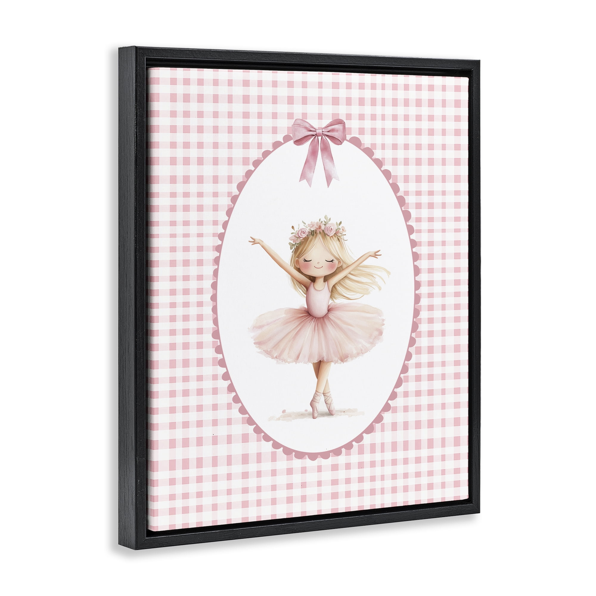 Ballerina on Pink Checkered Black Framed Floater Canvas Wall Art, design by Christine Simpson Art