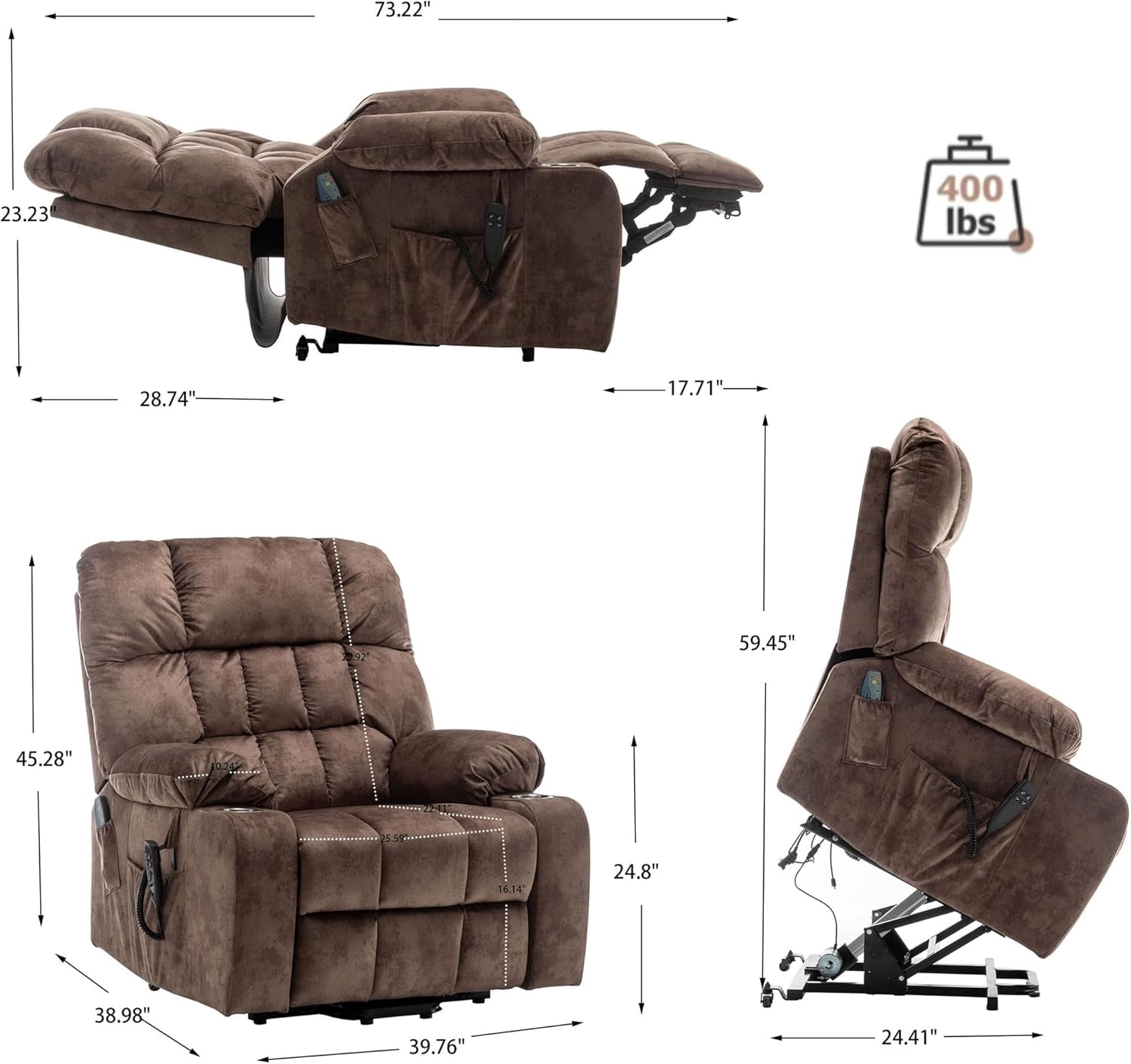 REHOUSING Adult Velvet Massaging and Heat Recliners with Cup Holders and Side Pockets, Brown