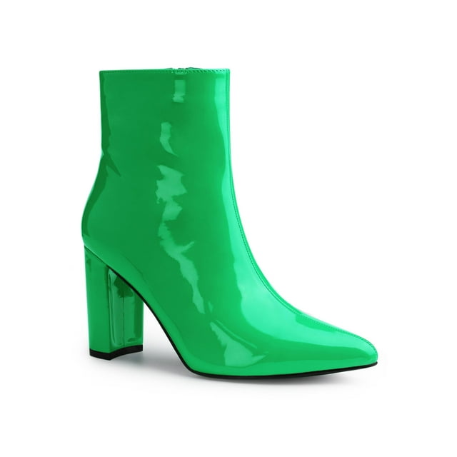 Unique Bargains Bottines Épaisses en Cuir Verni à Bout Pointu avec Fermeture Éclair pour Femmes